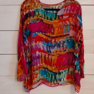 NorthStyle Vibrant Abstract Sheer Blouse - Pink, Turquoise, Orange, Purple